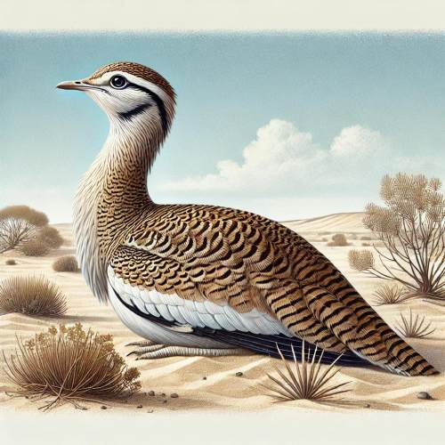 A detailed illustration of a MacQueen's Bustard, a desert bird with intricate patterned plumage, depicted in its natural sandy habitat with sparse vegetation and a clear blue sky in the background.