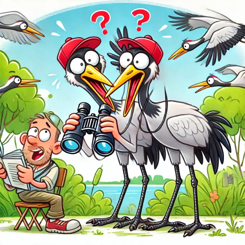 A humorous cartoon illustration of two cranes wearing red caps, holding binoculars and looking confused with question marks above their heads, while observing a man sitting on a chair reading a book near a scenic lake surrounded by greenery. Other cranes are flying in the background, adding to the whimsical scene.