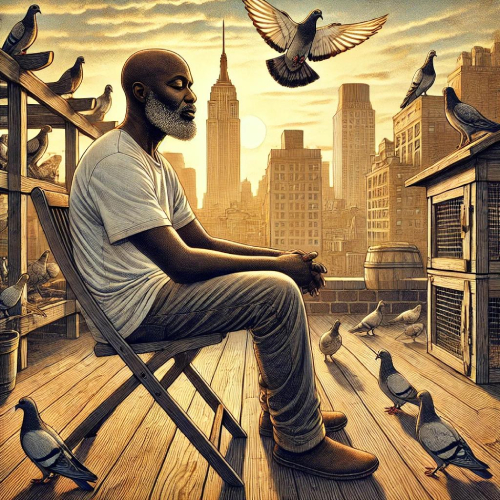 A serene illustration of a bald Black man sitting on a folding chair on a rooftop pigeon coop in New York City, surrounded by pigeons perched and flying. The city skyline, including the Empire State Building, is visible in the warm, golden light of a setting sun.