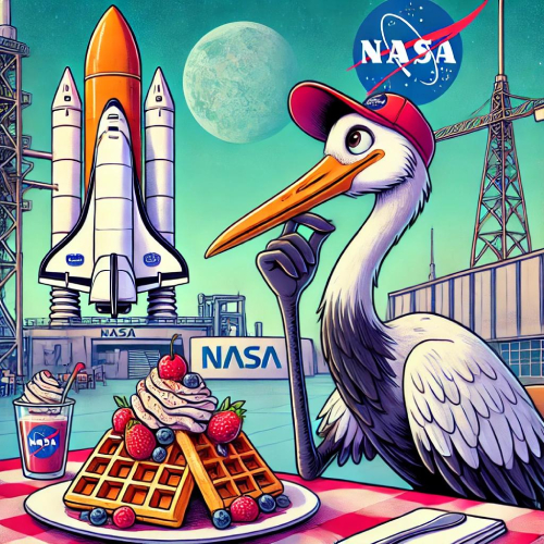  whimsical cartoon illustration of a crane wearing a red cap, sitting at a table with a plate of Belgian waffles topped with whipped cream and berries, at NASA's space center. A NASA space shuttle and logo are visible in the background under a full moon and teal sky, blending humor and surreal elements